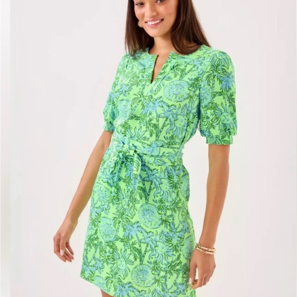 Lilly Pulitzer Neon Lime & Aqua Floral Tie-Waist Mini Dress